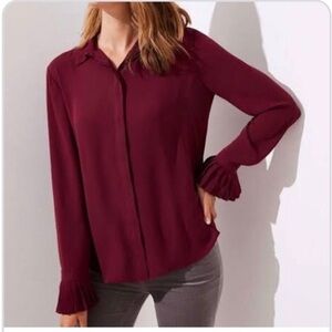 LOFT Womens Burgundy Blouse Small Pleated Cuffs Chiffon Holiday Festive Sleek